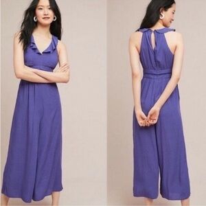 Maeve Anthropologie Ruffle Jumpsuit Blue Polka Dot Cropped Wide Leg Sz 0 Prairie